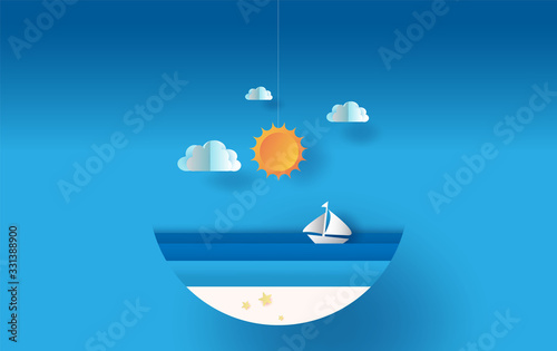 Circle Paper art and craft of illustration summer sea view with sunset,summer time season concept,Boat floating in the sea on blue sky.Graphic design Seaside landscape ,Paper cut style digital idea
