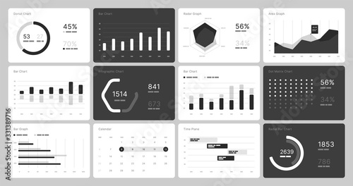 Infographic elements in white and black colors. Use in presentation templates, flyer, leaflet and corporate report. UI and UX Kit with big data visualization.