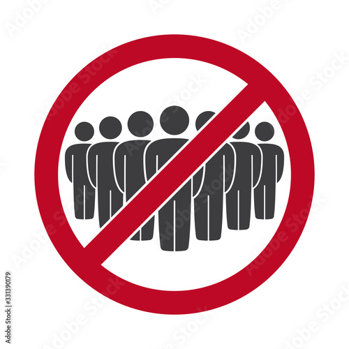 Vector symbol of prohibition of people gathering. Silhouette of crowd of people in red strikethrough round  Isolated on white background.