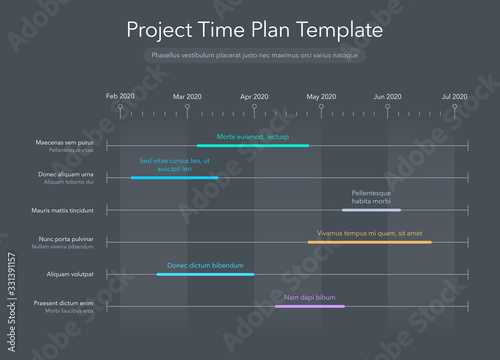 Minimalist business project time plan graph with project tasks in time intervals - dark version. Easy to use for your website or presentation.