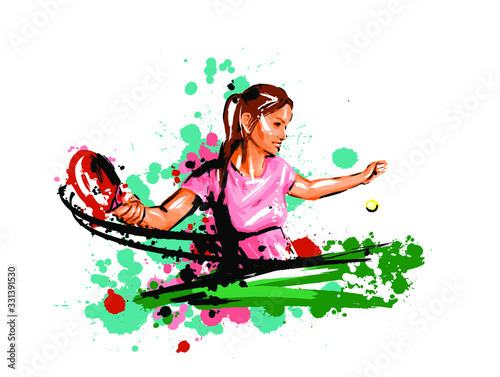 girl tennis table, racket stroke of the sword, sport, vector illustration hand-drawn brush strokes