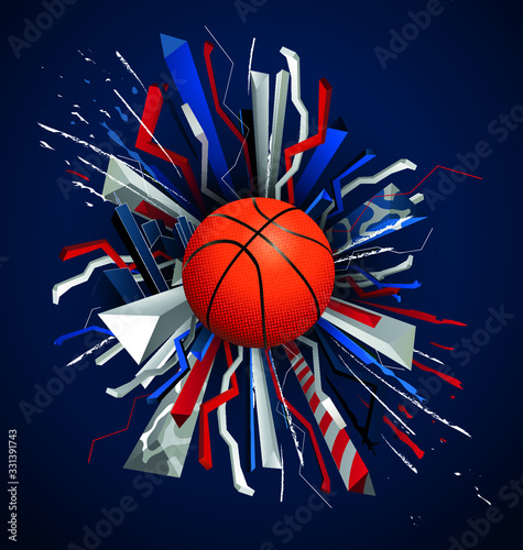 vector illustration, realistic ball for sports basketball, abstract blue red white background