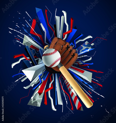 realistic ball, glove, bat for sports baseball, abstract blue red white background