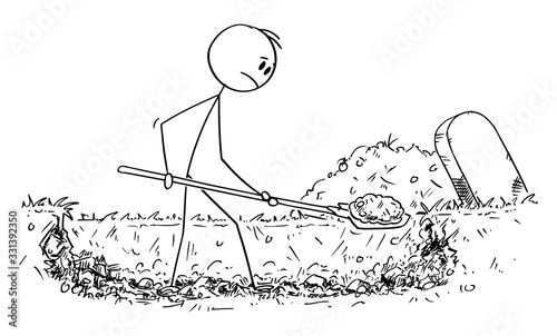 Vector cartoon stick figure drawing conceptual illustration of man digging grave.