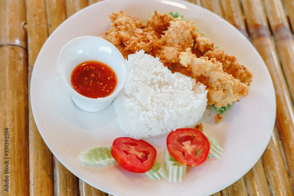 Delicious rice and fried chicken Thai gourmet Asian food style . Delicious rice and fried chicken Thai gourmet Asian food style .