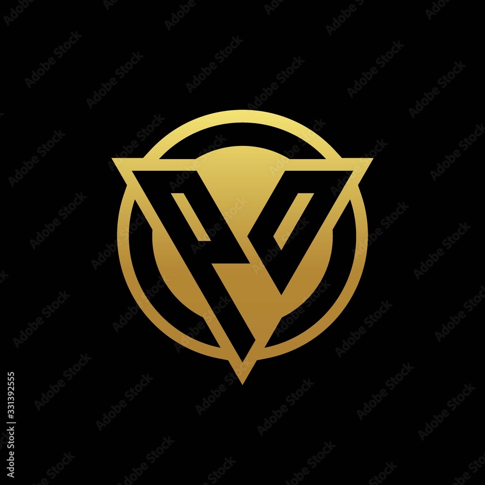 PO logo monogram with triangle shape and circle rounded isolated on gold colors PO logo monogram with triangle shape and circle rounded isolated on gold colors