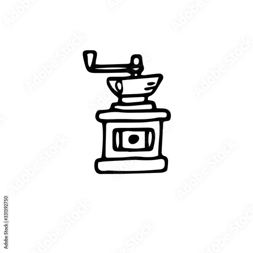 Hand drawn vintage manual coffee grinder. Isolated doodle vector illustration.