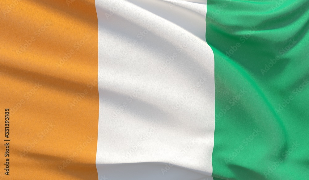 Waving national flag of Cote Ivoire. Waved highly detailed close-up 3D render. Waving national flag of Cote Ivoire. Waved highly detailed close-up 3D render.