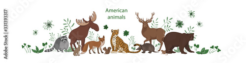 Vector banner, cartoon cute American animals with leaves and flowers. Raccoon, fox, jaguar, squirrel, elk bear armadillo hare deer vole