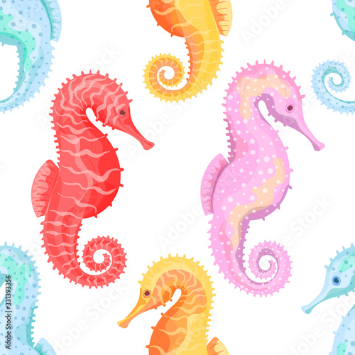 Sea Horse. Seamless pattern with the image of fish and the underwater world. Imitation of watercolor. Isolated illustration