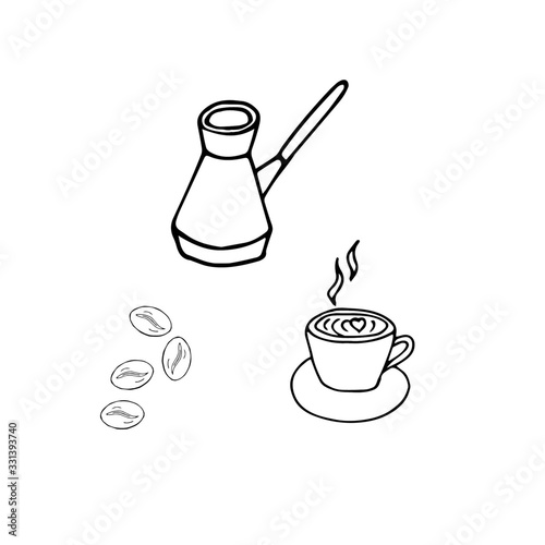 Set of hand drawn cup of coffee and turkish coffee pot. Doodle vector illustration