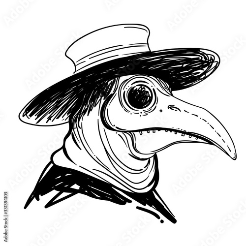 Vector gothic illustration of plague doctor. Tattoo art. Sketchy style. Medieval venetian scary bird mask. Alchemy, tattoo art, t-shirt design. Medieval medicine.