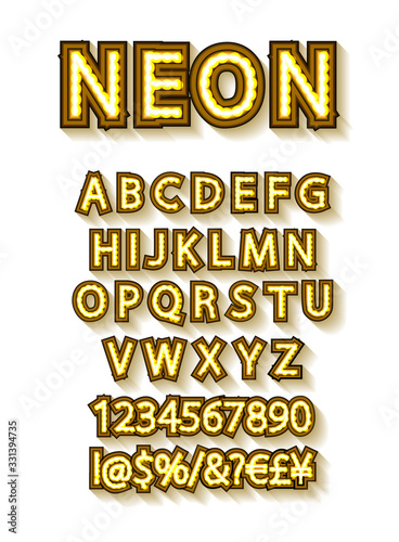 Vector golden alphabet with bulb lamps