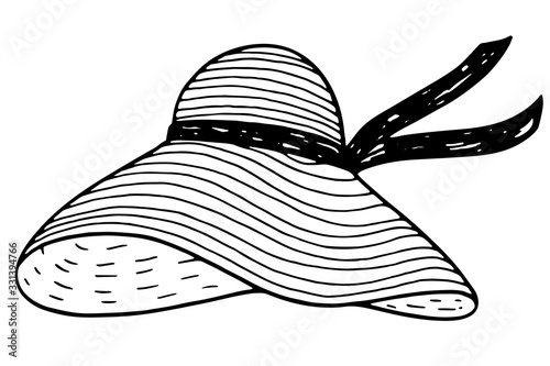 Women's beach straw hat with ribbon, vector illustration, isolated on a white background.