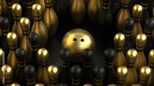 3d render of a gold bowling ball surrounded by a group of gold and black skittles on a black background.