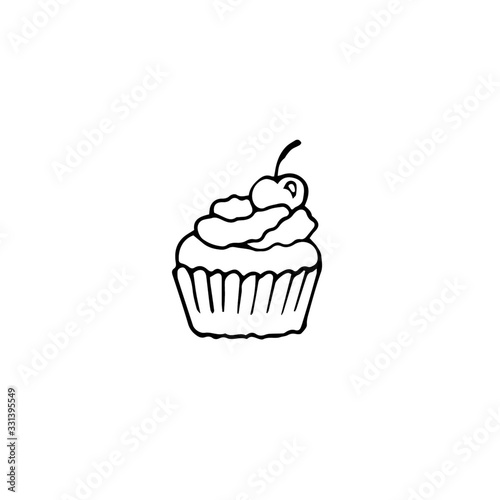 Hand drawn cupcake with cherry. Doodle vector illustration. 