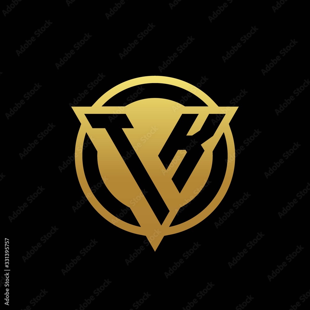 TK logo monogram with triangle shape and circle rounded isolated on gold colors