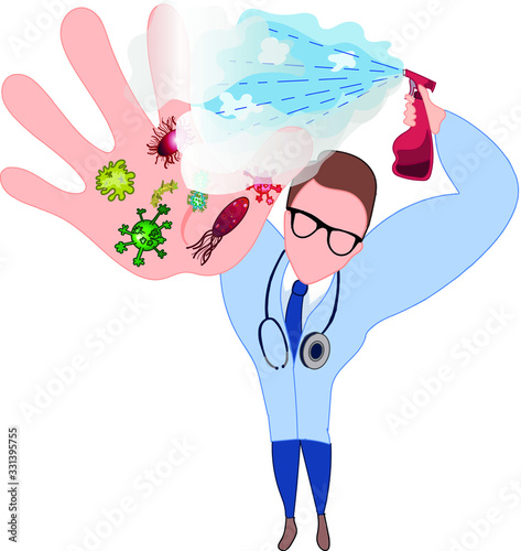 The doctor kills cells of coronavirus infection. Promoting hygiene with disinfection and hand washing. Virus prevention.