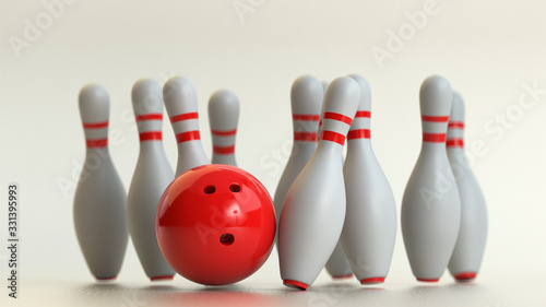 3D rendering of a red bowling ball and scattered white skittles isolated on white background. 