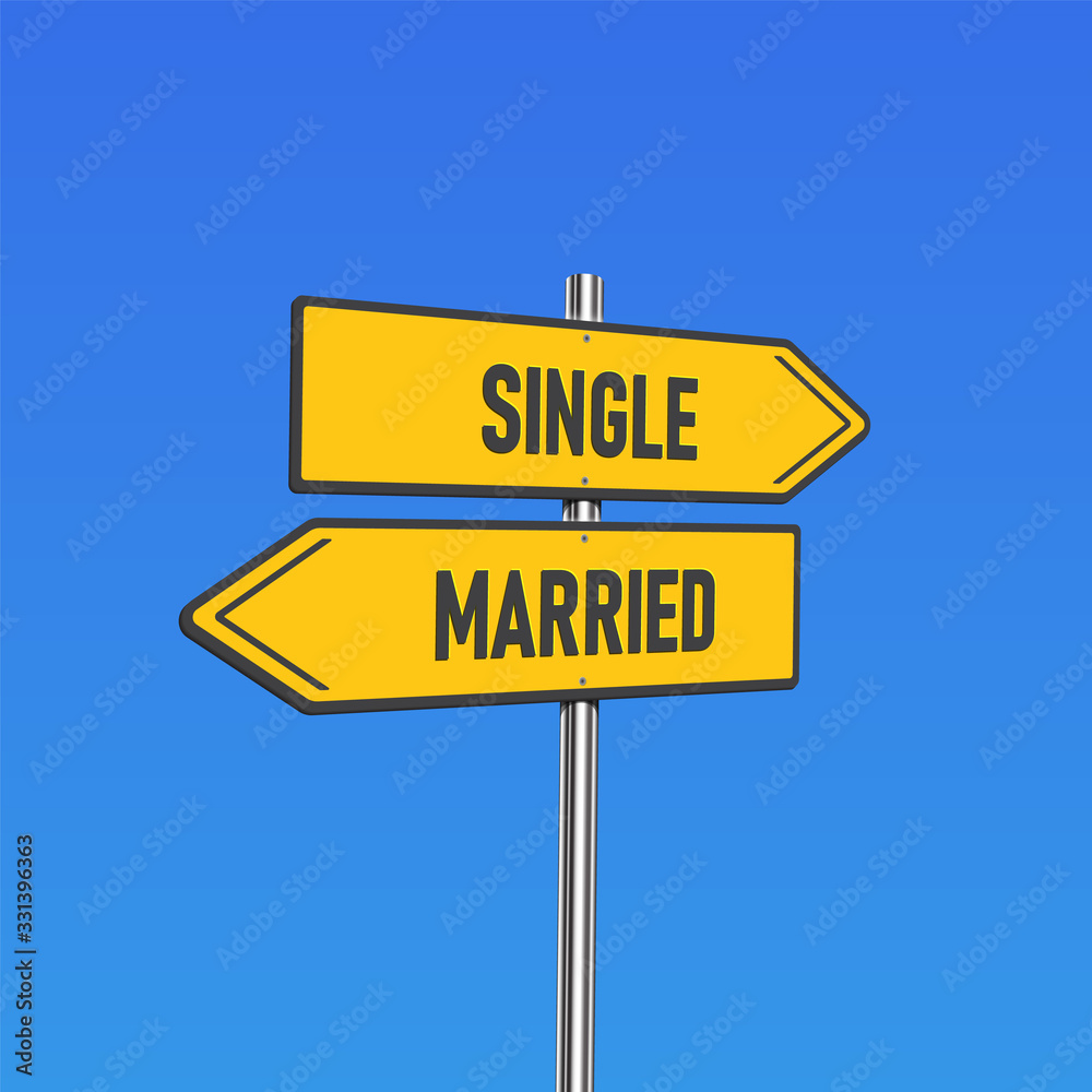 Yellow road signs with 'SINGLE/MARRIED' text on a pole, vector illustration Yellow road signs with 'SINGLE/MARRIED' text on a pole, vector illustration