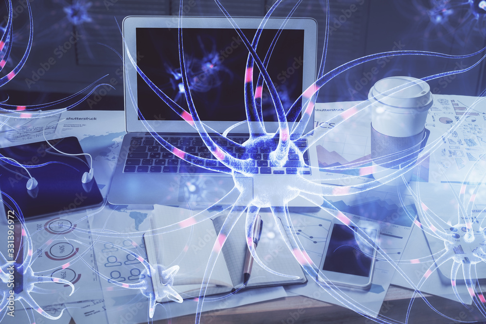 Desktop computer background and neuron drawing. Double exposure. Education concept. Desktop computer background and neuron drawing. Double exposure. Education concept.