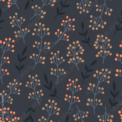 Decorative hand drawn berries seamless pattern with leaves branches for print, textile, wallpaper. Trendy botanical background.