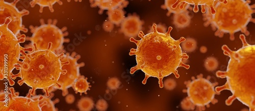 corona virus 2019-ncov banner illustration, SARS pandemic risk concept, microscopic view of floating influenza virus cells, 3D rendering photo