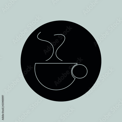 Cup of hot coffee with smoke coming out of the cup in a black circle on a gray background.