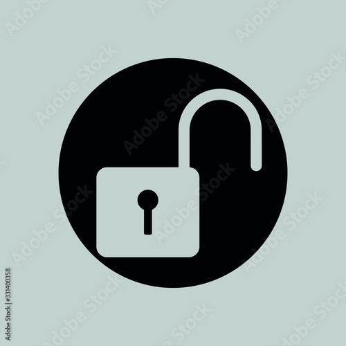 Open padlock on black circle. Vector icon.