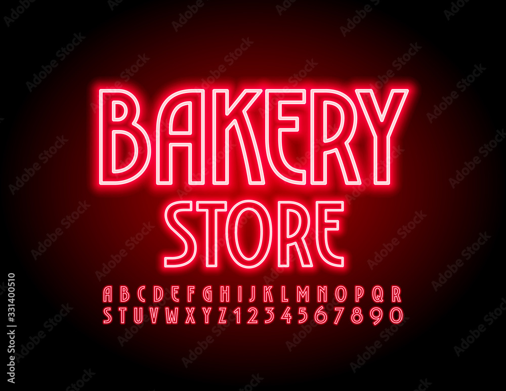 Vector red neon logo Bakery Store with electric Font in retro style. Trendy glowing Alphabet Letters and Numbers