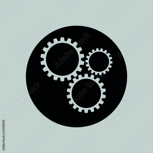 Vector icon with gears rolling together inside a black circle. Cooperation concept.