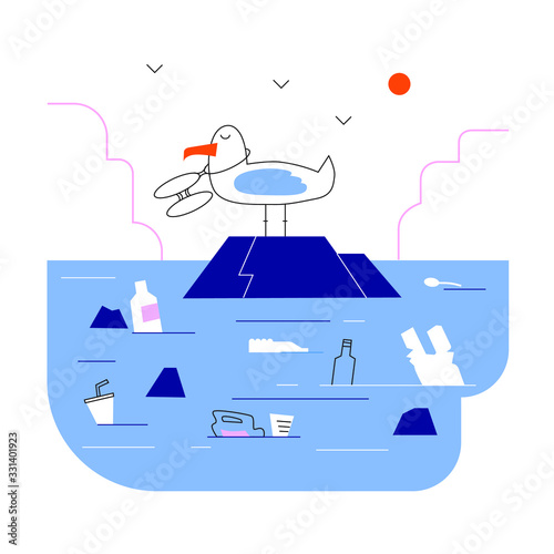 A bird with a net on the neck sitting on a rock in the ocean. Ocean pollution Illustration. Waste floating on the water. Suffering animals.