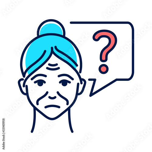 Old woman with speech bubble and question mark line color icon. Memory loss Brain disease alzheimer's. Decrease in mental human abilities. Sign for web page, mobile app, button, logo. Editable stroke