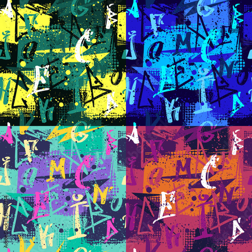 Abstract seamless vector pattern for girls, boys, clothes. Creative background with ink brush latin alphabet. Funny wallpaper for textile and fabric. Fashion style. Colorful bright web design