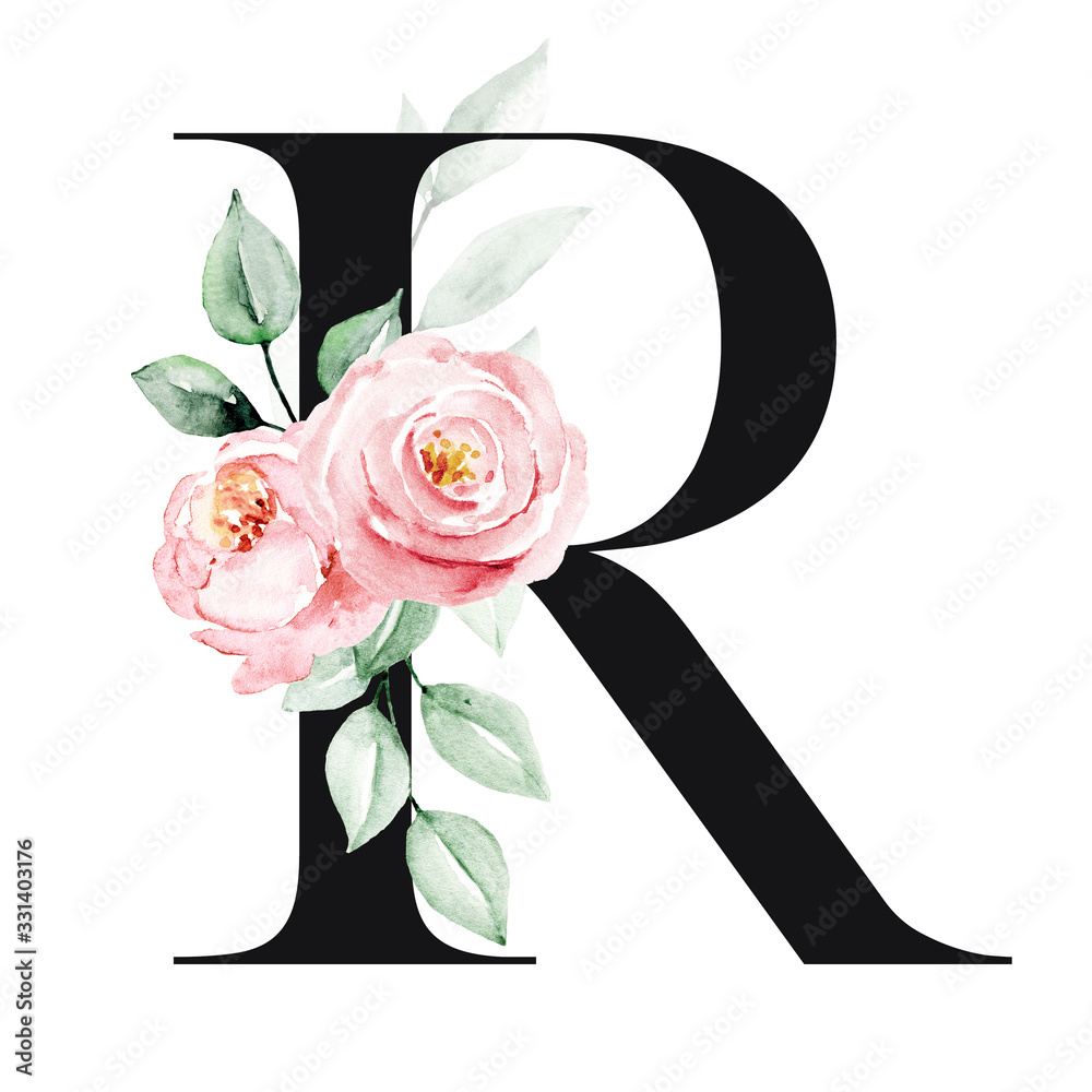 Letter r, monogram with watercolor flowers roses arrangement