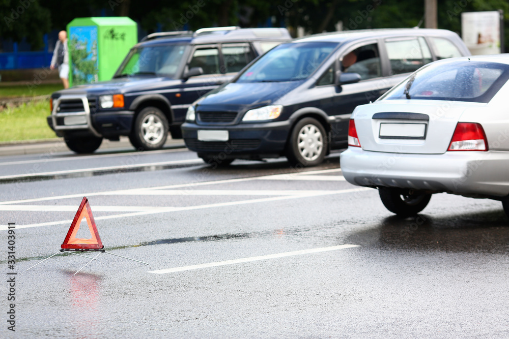 Accident of red and silver car after rain damage failure to keep distance safe distance