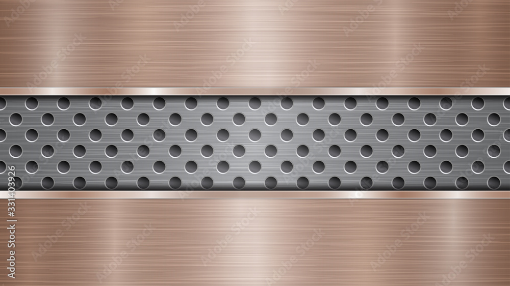 Background of silver perforated metallic surface with holes and two horizontal bronze polished plates with a metal texture, glares and shiny edges Background of silver perforated metallic surface with holes and two horizontal bronze polished plates with a metal texture, glares and shiny edges