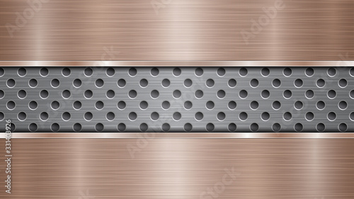 Background of silver perforated metallic surface with holes and two horizontal bronze polished plates with a metal texture, glares and shiny edges