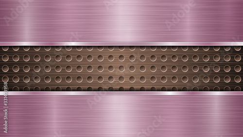 Background of bronze perforated metallic surface with holes and two horizontal purple polished plates with a metal texture, glares and shiny edges