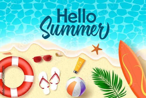 Hello summer vector banner design. Hello summer text in sea water with beach element like surf board, lifebuoy, sunscreen, beach ball, and sunglasses in seaside background for holiday season. 
