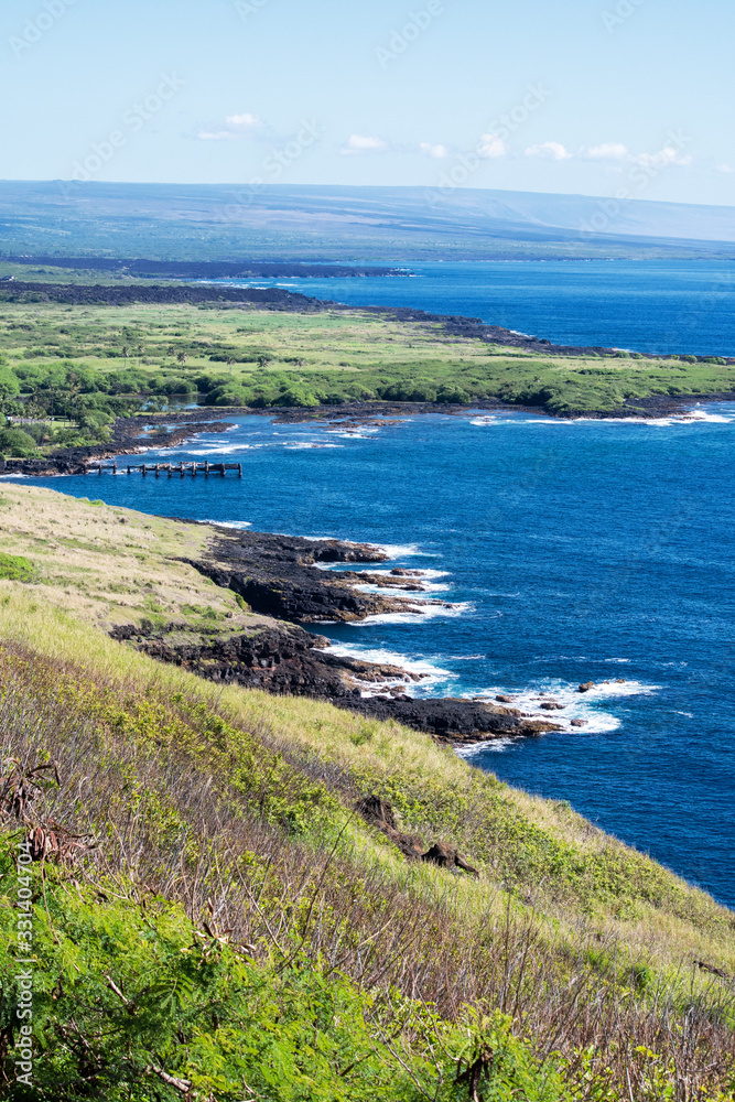 Vertical view of the coastline near green sand beach in Big Island Hawaii