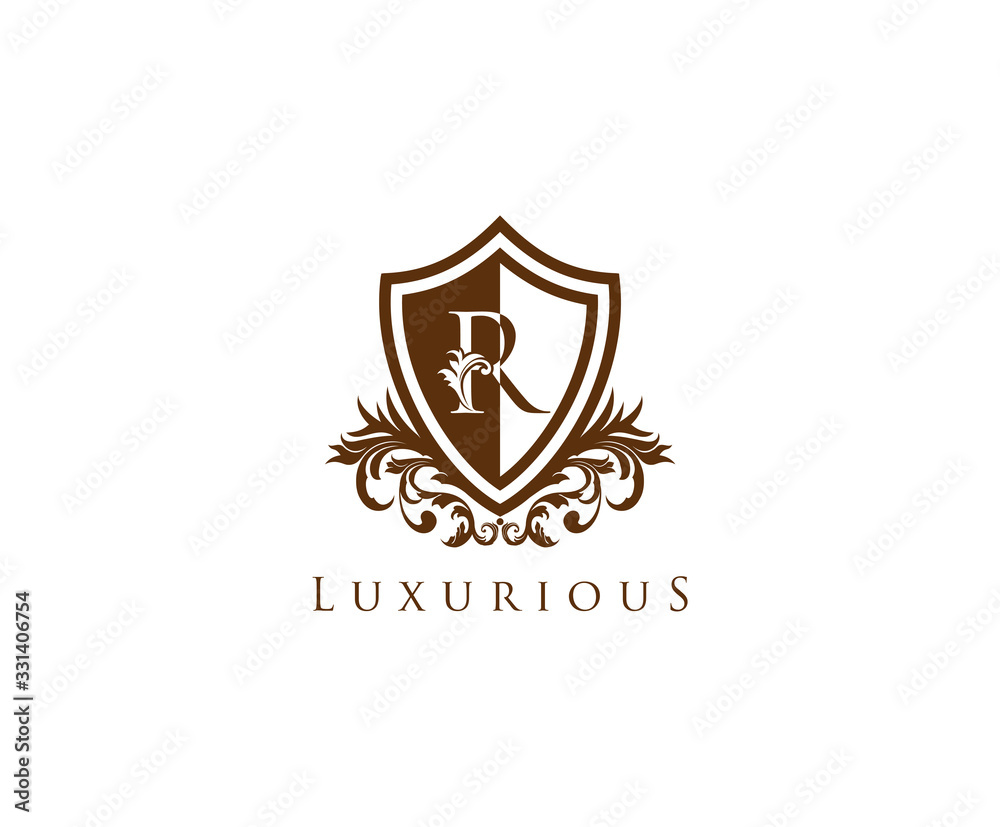 Fototapeta premium Vintage Letter R Logo. Shield R Letter Design Vector with shield shaper and Floral Hand Drawn.