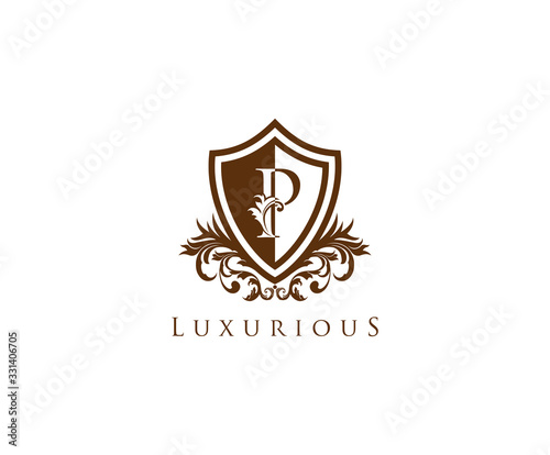 Vintage Letter P Logo. Shield P Letter Design Vector with shield shaper and Floral Hand Drawn.