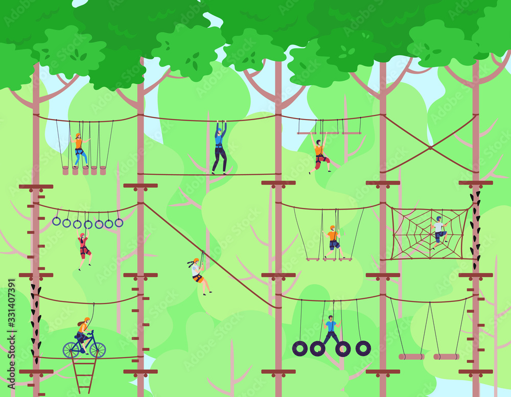 Adventure rope park vector illustration. Children have sport activity on adventure playground