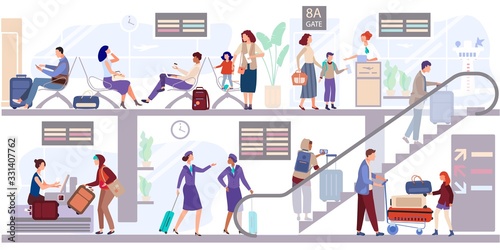Departure people lounge at the airport terminal vector illustration. Passengers check in the baggage and wait to depart near gate. Stewardess goes up the escalator to the aircraft. People seat, await