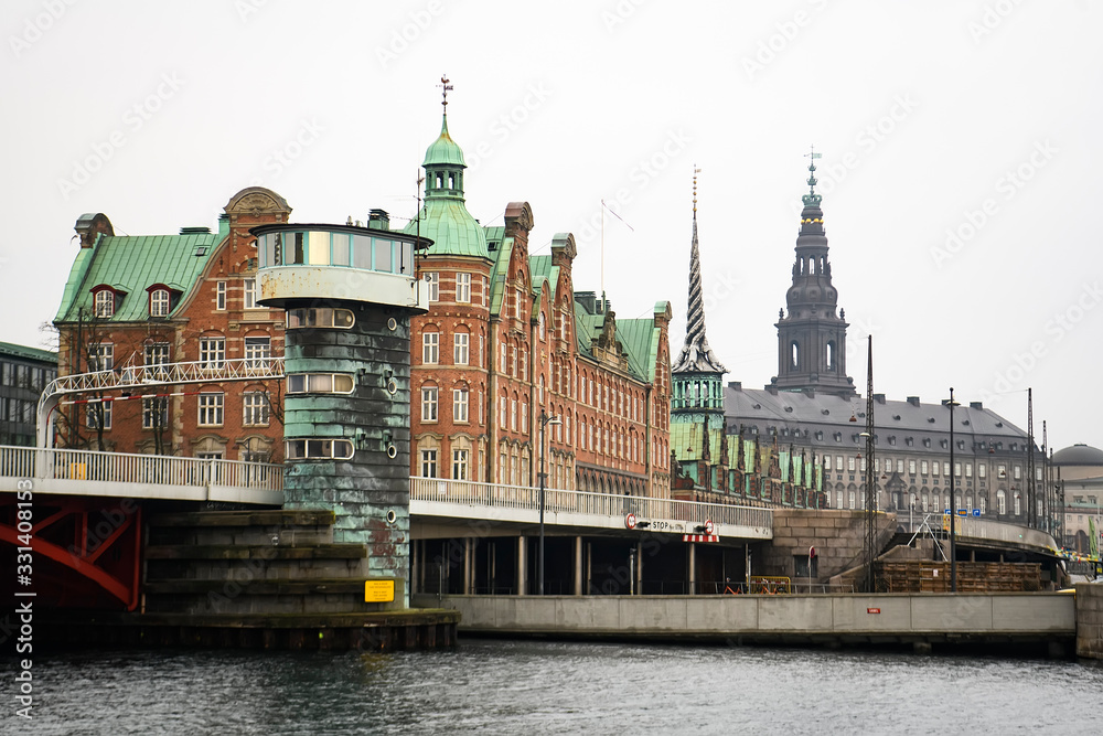 View to Knippels bascule bridge and Christiansborg Palace in Copenhagen, Denmark. February 2020