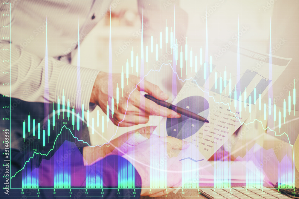 Financial trading graph double exposure with man desktop background. Financial trading graph double exposure with man desktop background.