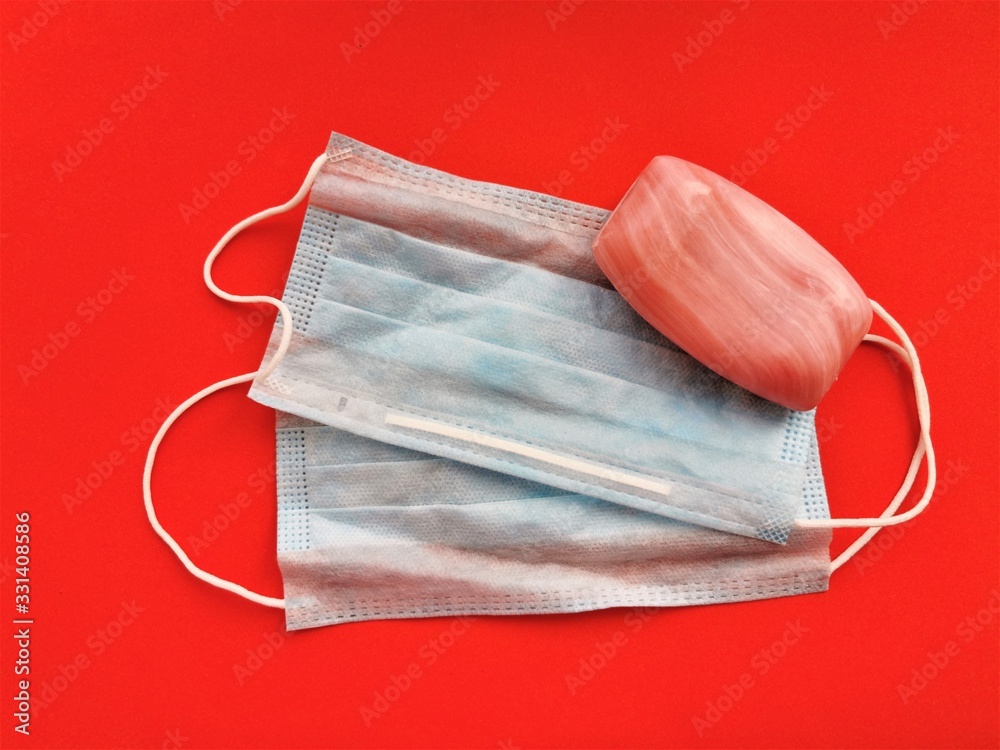 Medical masks and soap- means for protection from viruses and epidemics. Top view