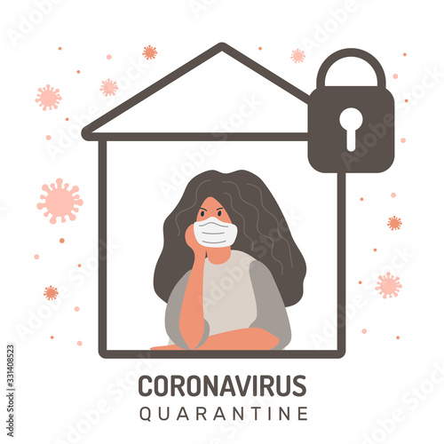 Woman defends from coronavirus, home insulation vector illustration