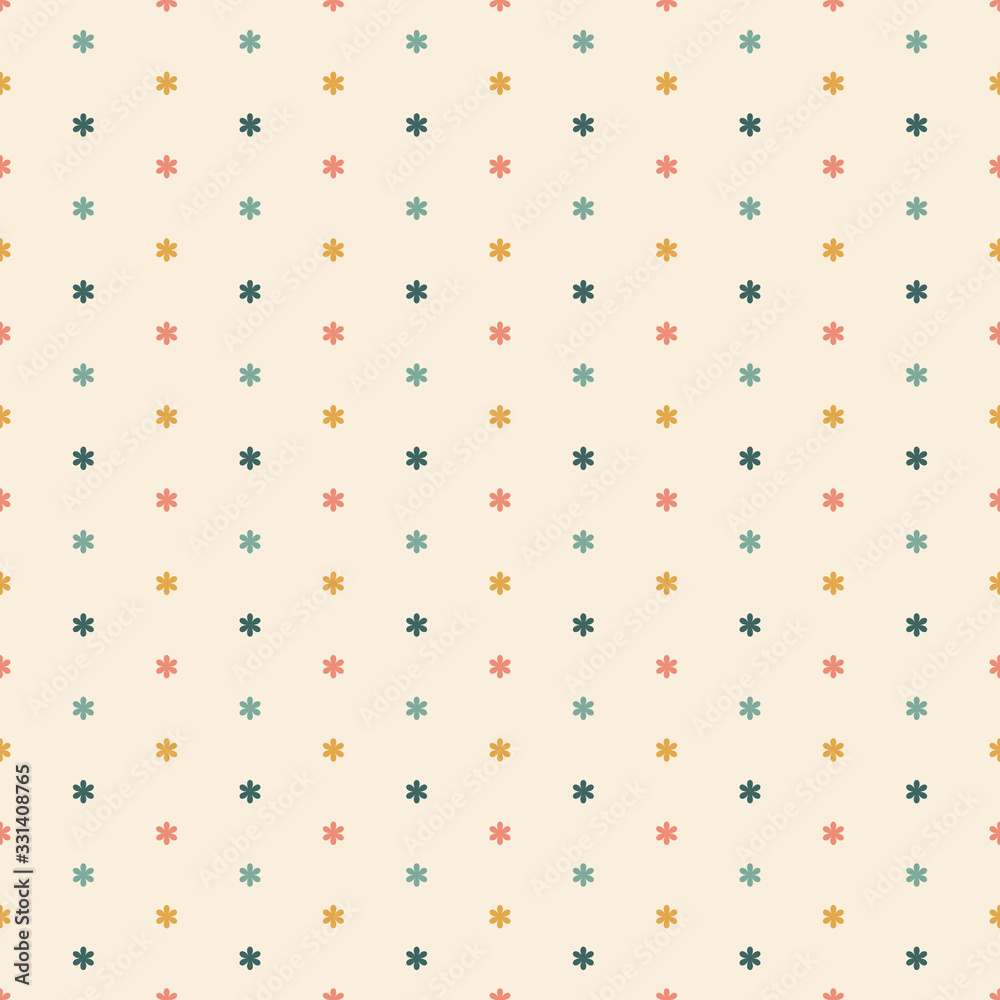 Seamless pattern of small multicoloured flowers on a cream background.